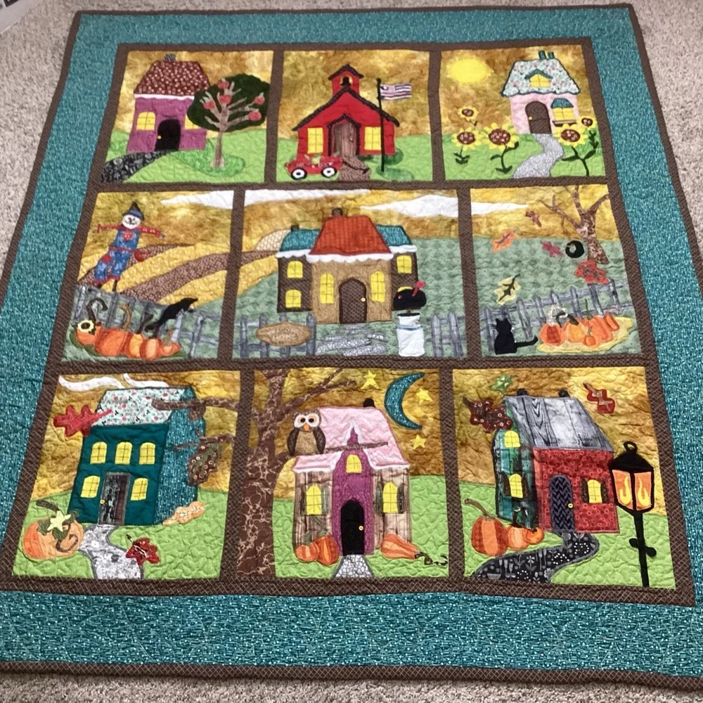 Hand Crafted Art Quilt Houses Schoolhouse Seasons 47”x55”
